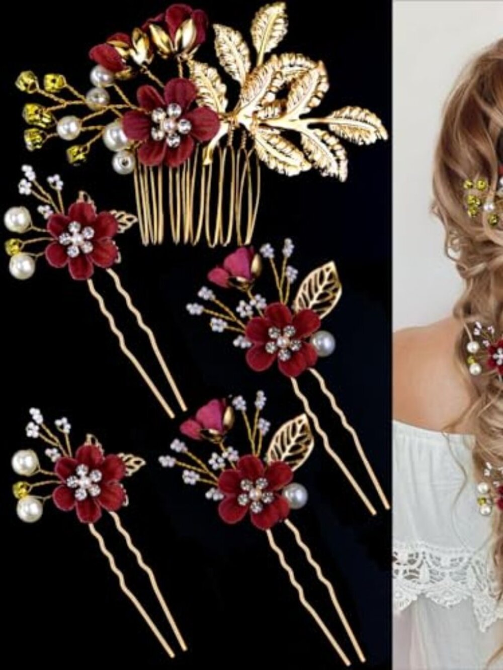 New - 5 PCS Bridal Flower Wedding Hair Pins Crystal Pearl Headpiece Gold Wedding